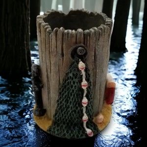 Nautical Ceramic Resin Pen Pencil Holder Log Stump Anchor Shell Net Lantern
